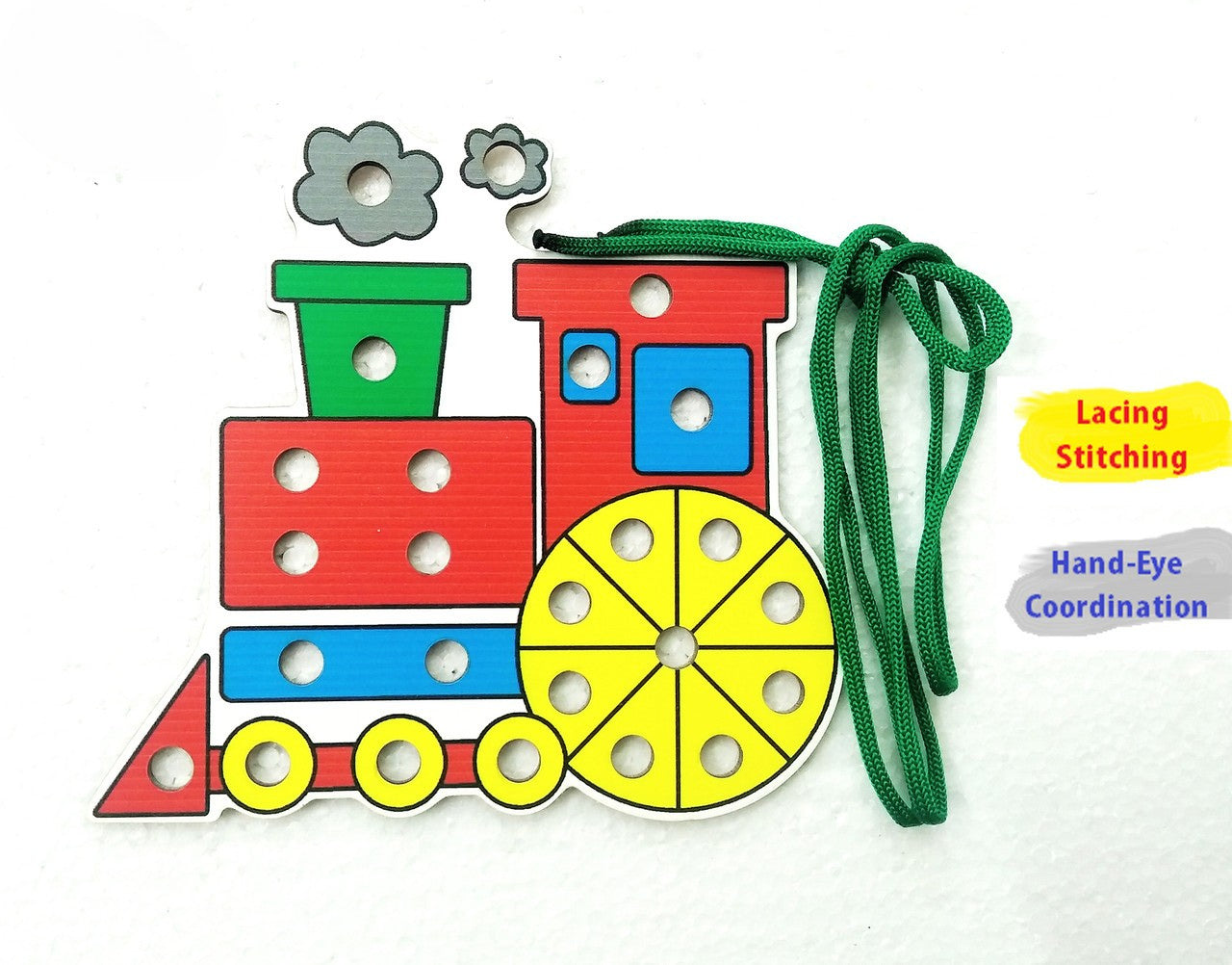 Wooden Lacing Toy – Tortoise, Bear, Train & Cow Theme | Threading & Sewing Activity Toy for Toddlers (Random)