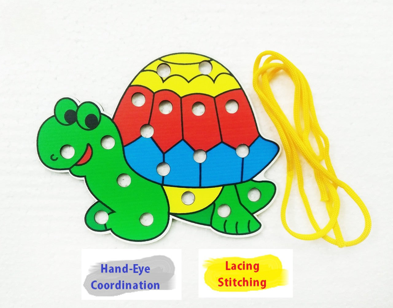 Wooden Lacing Toy – Tortoise, Bear, Train & Cow Theme | Threading & Sewing Activity Toy for Toddlers (Random)