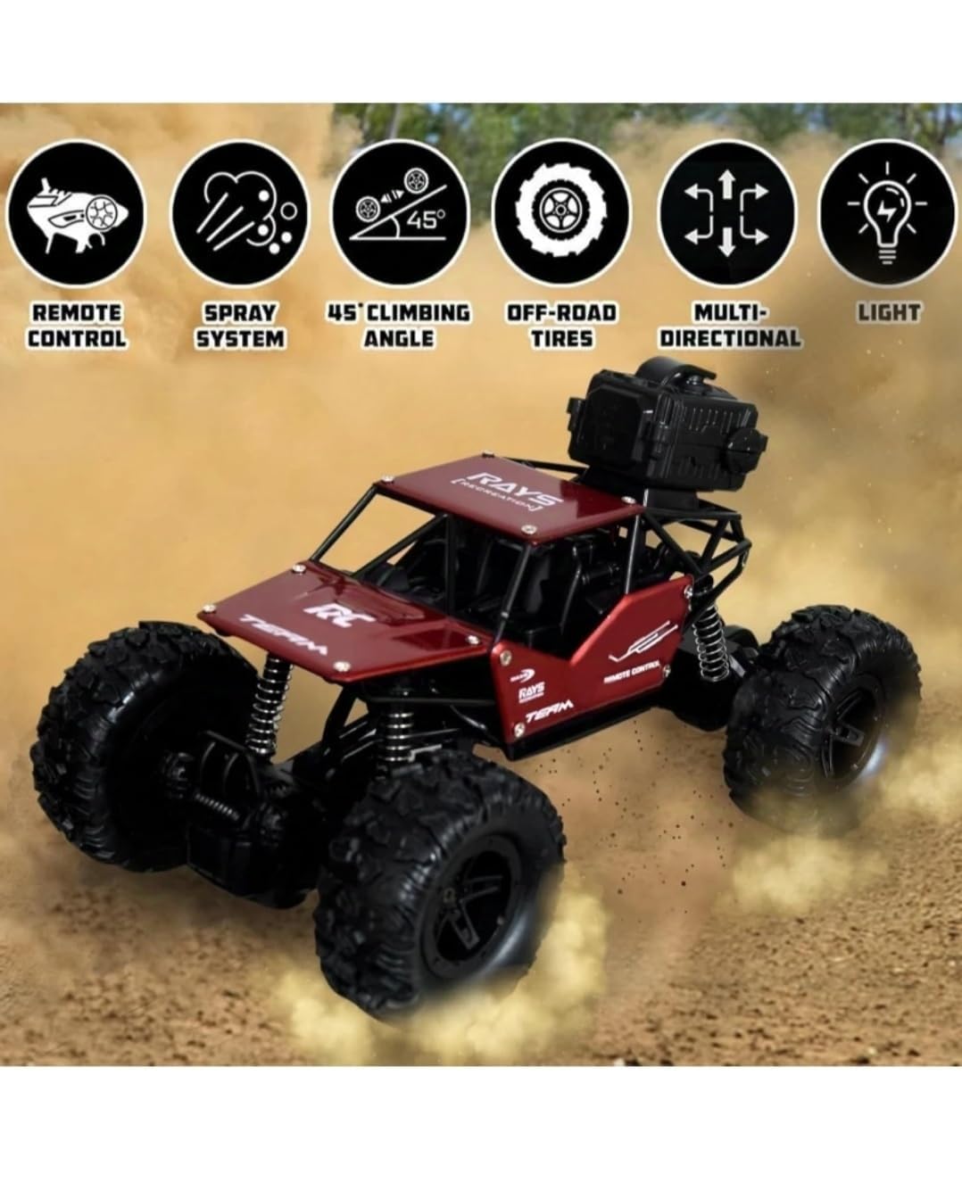 Crawler RC Car β 1:18 Scale 2WD Remote Control Off-Road Monster Truck with Mist Spray, High-Speed Rock Climbing Vehicle for Kids (Gold)