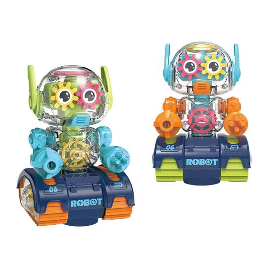 360° Rotating Transparent Gear Robot Toy – Flashing Lights, Music & Bump-and-Go Action | Multicolor Fun for Kids