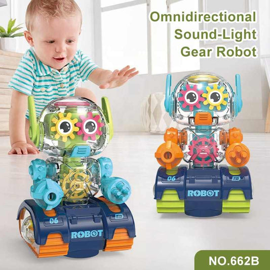 360° Rotating Transparent Gear Robot Toy – Flashing Lights, Music & Bump-and-Go Action | Multicolor Fun for Kids